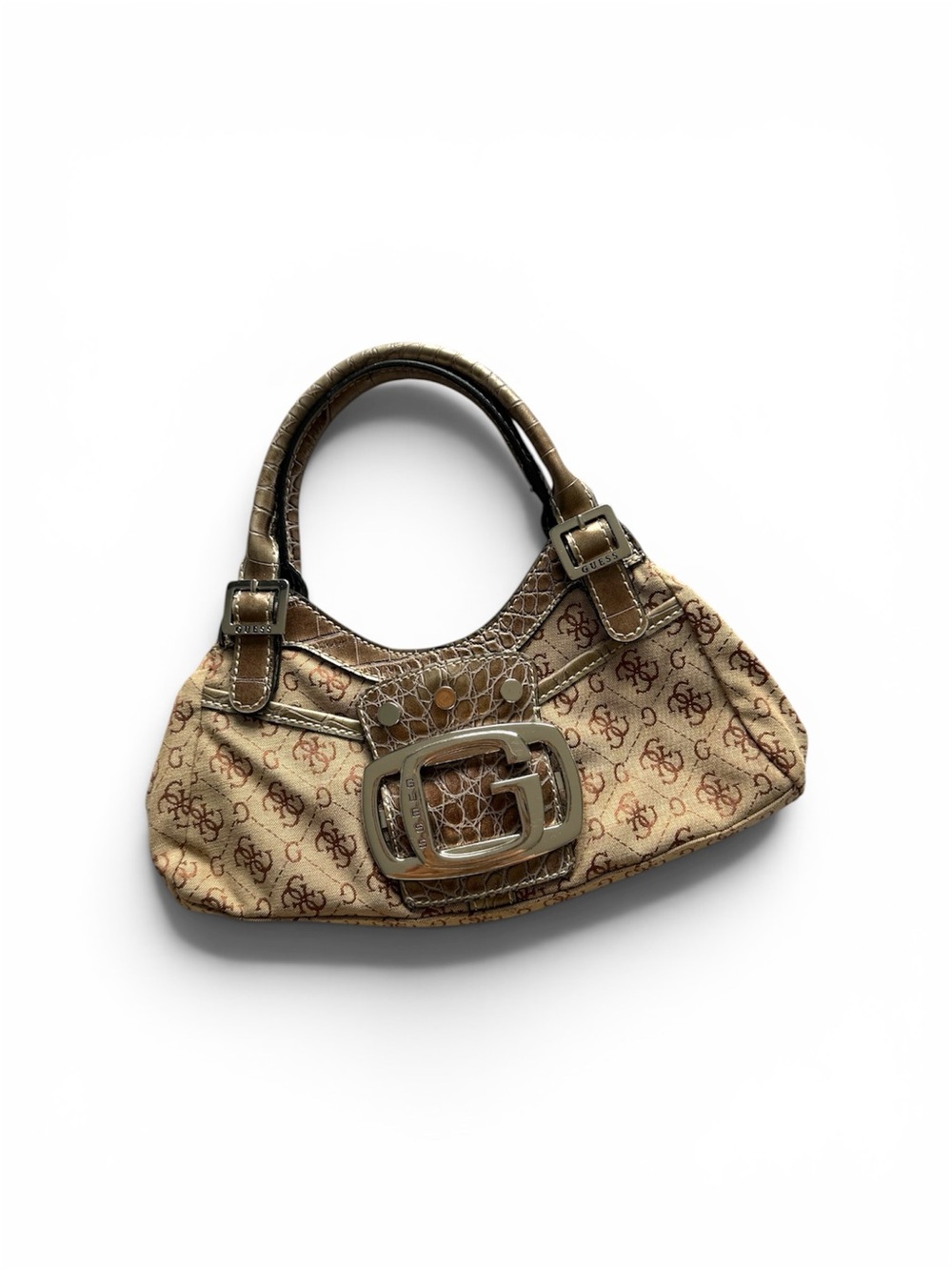 Y2K GUESS Tan Brown Monogram Mini Clutch Bag Croc Buckle RARE Silver Purse